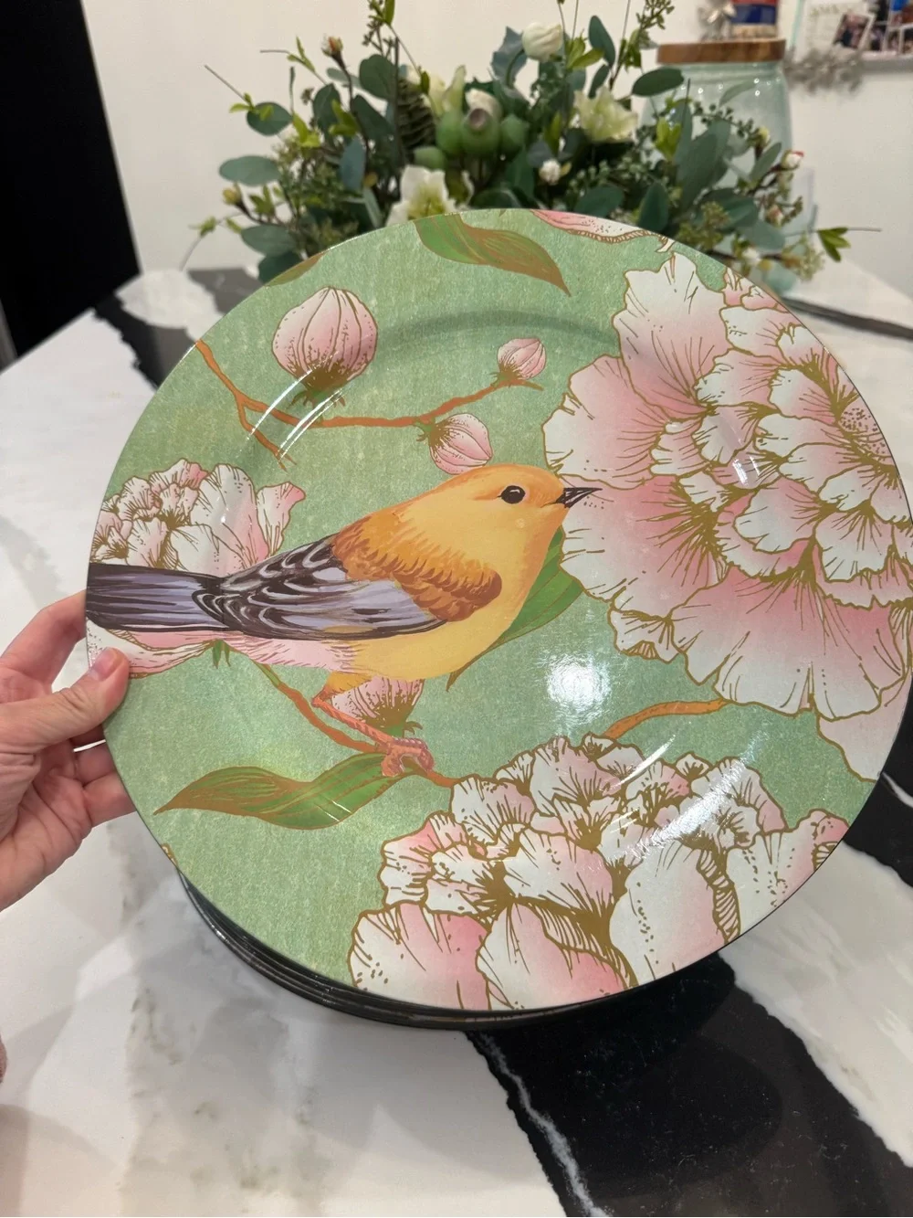 Set of 12 Bird & Floral Decorative Plastic Charger Plates